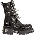 New Rock Unisex M.727-S1 Black Leather Boots Skull Chain Flame Reactor Boots 39