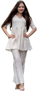 INDACORIFY Cotton Chikankari Work Short Kurta and Pant Set for Women and Girls Chikankari White Cord Set, White, Large