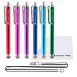 The Friendly Swede Bundle of 6 Micro-Knit Hybrid Fiber Tip Universal Capacitive Stylus Pens 4.5" for Smart Phone Touch Pad + 6 x 15'' Elastic Tether Lanyards + Cleaning Cloth in Retail Packaging