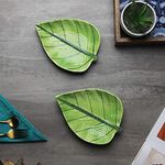 The Decor Lane Ceramic Exotic Glazed Green Leaf Platter Set of 2 | Kitchen & Table Top Snack Serving Platter for Breakfast, Dining Table | Microwave Safe