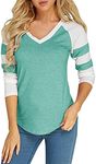 Foshow Womens Long Sleeve Baseball Tee Jersey Striped V Neck Blouses Tee Shirts, Green