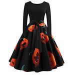 Paskyee Halloween Dresses for Women Long Sleeve Cocktail Swing Dress Skeleton Pumpkin Printed Cosplay Party Costume Orange