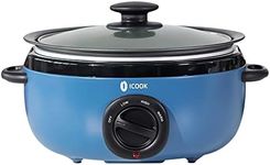ICOOK USC-65-OP001BL 6.5 Quart Slow Cooker,Aluminium Sear/Sauté Stew Pot Stovetop safe,Dishwasher Safe,Glass Lid,Adjustable Temp,Food Warmer(Blue)