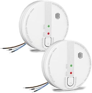 Wired Smoke Alarm, Interlinked Fire Alarm with LED Indicator and Silence Button, 10-Year Life Smoke Detector with 9V Battery Backup, Mains-powered, Conforms to EN14604 Standard, 2 Pack