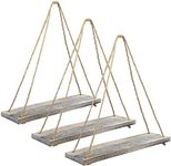 Excello Global Products Rustic Distressed Wood Hanging Shelves: 17-Inch with Swing Rope Floating Shelves (Whitewashed - Pack of 3)