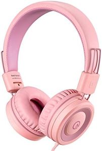 noot products Kids Headphones K11 Foldable Stereo Tangle-Free 5ft Long Cord 3.5mm Jack Plug in Wired On-Ear Headset for iPad/Girls/Boys/School/Laptop/Travel/Plane/Tablet-Soft Pink