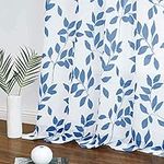 Blue and White Sheer Drapes for Bedroom Kids Room Linen Textured Semi Sheer Curtains Light Filtering Modern Leaf Print Navy Sheer Curtain Panels for Nursery Play Room, 50” W x 54” L , 1 Pair