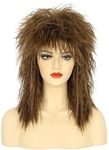 karlery Women Men Long Curly Brown Wig 70s 80s Rocker Mullet Costume Wig Halloween Cosplay Party Wig