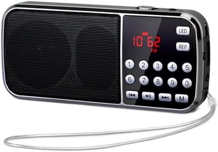 PRUNUS J-189 Radio Portatil Pequeña Recargable FM, Radio Bluetooth Portatil con Altavoz de Graves 3W, Reproductor de TF/USB/AUX, Radio Digital Bolsillo con Linterna LED, Bateria de 1200mAh(Negro)