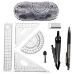 8 Pcs Maths Set, Geometry Protractor and Compass Set, Study, Drawing and Measuring Tools Set with Rulers, Compass, Pencil Lead, Eraser, Storage Case for Drafting, Student, Teacher, School