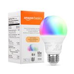 Amazon Basics Smart A19 LED Light Bulb, Color Changing, 2.4 GHz Wi-Fi, 60W Equivalent 800LM, Works with Alexa, 1-Pack, Certified for Humans