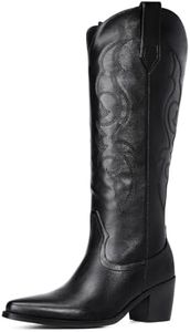 Platikly Cowboy Boots for Women - Embroidered Western Cowgirl Boot, Knee High Wide Calf Tall Boots, Almond Pointed Toe Rubber Chunky Heel Fashion Classic Pull On for Ladies, Black, 8 US