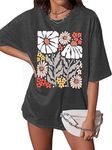 KIDDAD Floral Shirts Oversized Graphic Tees: Womens Daisy Flower Shirts Boho Tops Beach Tshirts Short Sleeve Tops Grey