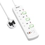 Extension Lead with USB Slots, BEVA 3 Way Plug Extension With 2 USB-A and 1 USB-C, Individual Switched Extension Socket Mountable Power Strip with 1.5M Cable