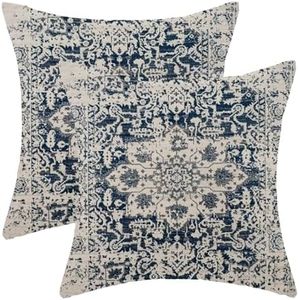 AEIOAE Boho Pillow Covers 18x18 Inch Set of 2,Carpet Pattern Throw Pillows Case,Navy Blue Beige Ethnic Design Outdoor Decorative Square Linen Farmhouse Decor Cushion Covers for Home Sofa Bed Couch