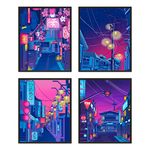 DALIHEBO Anime Posters Japanese Wall Art Set of 4 - Anime Art Tokyo Streets in the Night Sky Wall Decor Poster for Living Room Bedroom Kitchen UNFRAMED 8x10 inch