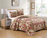 Luxury Home Collection 3 Piece King/California King Quilted Reversible Coverlet Bedspread Set Floral Printed Taupe Red