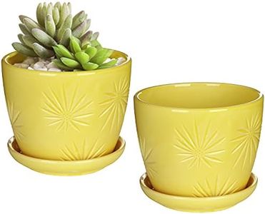 MyGift Set of 2 Yellow Sunburst Design Ceramic Flower Planter Pots/Decorative Plant Containers with Saucers