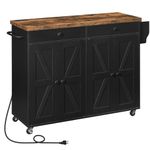 HOOBRO 110 cm Kitchen Island with Storage, Rolling Kitchen Island with Charging Station, Kitchen Island Cart with Spice Rack and Towel Rack, for Kitchen, Living Room, Rustic Brown and Black BF11UZD01