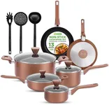 NutriChef 13 Pcs. Nonstick Kitchen Cookware PFOA/PFOS-Free Heat Resistant Kitchenware Set w/Saucepan, Frying Pans, Cooking Pots, Casserole, Lids, & Utensils, Brown, NCCWA13BR