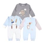 Kidbea 100% Organic Cotton Bodysuit | Romper | Sleepsuit | Jumpsuit for New-Born Baby Girls & Boys infants & Toddler, Color Grey Lion & Sky Blue Kitty, Penguin Printed Combo Of 3 Size 9-12M