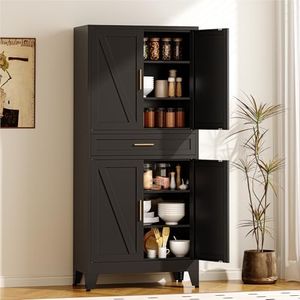 COFaR 71" Modern Pantry Cabinet with Drawer, Black Storage Cabinet with Adjustable Shelves, 3-Section Industrial Cupboard for Kitchen & Office
