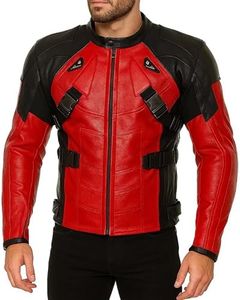 LP-FACON Mens DP Sport Motorcycle Riding Jacket | Racer Protective Armor Padded Biker Leather Jacket, Dpool Red & Black