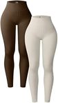 OQQ Women's 2 Piece Yoga Leggings Ribbed Seamless Workout High Waist Athletic Pants, Coffee Beige, Small