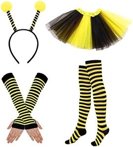 Lot De 4 Déguisement Abeille,Déguisement Abeille Enfant Et Adulte,Costume D'abeille Professionnel,Tutu Deguisement Bandeau D'antenn Mi-bas Rayés Et Gants Longs Pour Carnaval Fête Cosplay (Enfants)