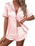 Ekouaer Womens Silk Satin Pajamas Set Short Sleeve Pj Sets Button Down Pjs 2 Piece Sleepwear Loungewear Light Pink X-Large