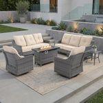 Domvaranique 6 Piece Patio Furniture Set with Fire Pit, Grey Wicker Outdoor Conversation Set with 2 Swivel Rocker Chairs, 2 Sofas, Side Table and Rectangular 60,000 BTU Fire Pit Table for Porch, Deck