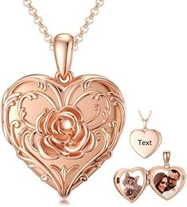 SOULMEET 10k 14k 18k Rose Gold Heart Rose Locket Necklace That Holds 2 Pictures Personalized Letters Engraved Custom Image Locket (Custom photo & text)