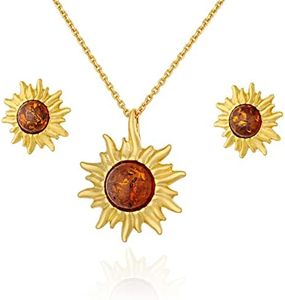 AMBEDORA Gold Plated Little Sunshine Sterling Silver 925 Gold Plated Baltic Amber in Cognac Pendant with Anchor Chain and Earrings Finished Set for a Gift, Sterling Silver, Amber,Baltic Amber