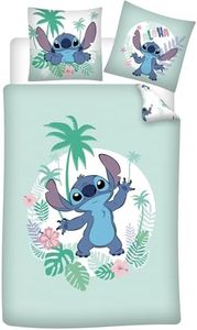 Juego de cama Stitch Hawái, 100% algodón, funda nórdica reversible de 135 x 200 cm + funda de almohada de 80 x 80 cm