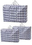 Extra Large Laundry Storage Checkered Shopping Bags 3 Pack, (60 x50 x25 cm) Strong and Durable Waterproof Moving Totes Carrying Bag With Zipper, Cloth Storage Handle Attached Reusable Luggage Bags