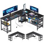 ODK L Shaped Gaming Desk, Reversible Computer desk with 2 Sockets and 2 USB Charging Ports, Corner Desk with Storage, Home Office Desk, Black, 168 x 120 cm