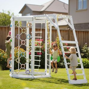 Avenlur Hawthorn XL Wooden Outdoor Playset – White – Octagon Jungle Gym with Monkey Bars & Swing – Backyard Climbing Playground for Toddlers & Kids Ages 3 to 10