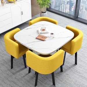 WOOOFA Round Dining Table Set for 4, Faux Marble Conference Table and Chairs Set, Kitchen Table Chairs Set with Strong Metal Frame, Space-Saving, Office Table and Chair Set for Home and Apartment