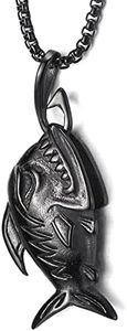 COOLSTEELANDBEYOND Nero Squalo Affilati Dente Pesce Scheletro Osseo Ciondolo, Collana Uomo, Acciaio Inossidabile, Catena del Grano 75cm