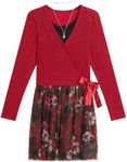 Beautees Girls' Wrap Front Popover Dress with Sequin Mesh Skirt and Necklace, Red/Floral, 8