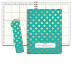 HARDCOVER 8 Period Teacher Lesson Plan; Days Vertically Down the Side (W208) (+) Bonus Clip-in Bookmark (Gold Dots Turquoise)