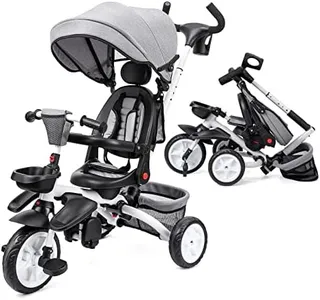 Babevy Baby Tricycle, 7 in 1 Folding Toddler tricycle w/Removable Adjustable Push Handle, Canopy, Rotatable Seat, Safety Harness, Cup Holder & Storage, Trike for 1-5 Year Old (Gray)