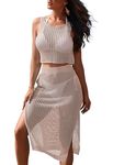 Pink Queen Women 2 Piece Swimsuit Crochet Hollow Out Swim Cover Up Bikini Swimwear Knit Mesh Tunic Beach Dress Side Slit, Brown, Large