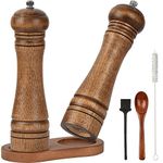 10 inch Wood Salt and Pepper Grinder Set, JOYCEMALL Set of 6 Manual Salt and Pepper Grinder with Ceramic Grinding Rotor - Pepper and Salt Mill, Wooden Standing Tray, 2 Cleaning Brush, Spoon - Brown