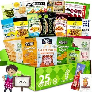 Paleo Snacks Variety Pack for Adult | Healthy Snack Box [25 Count] Holiday Gift Basket Gluten Free | Mix of Whole Foods, Protein Bars, Crackers, Chips, Puffs, Fruit & Nuts by Snack Attack