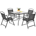 COSTWAY 5/6 Piece Folding Patio Bistro Set, Outdoor Dining Furniture with 4 Chairs, 1 Table and Umbrella Hole, Conversation Set for Garden Balcony Deck Poolside (Glass Table without Parasol)