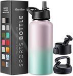 FineDine Triple Walled, Insulated Water Bottles with Straw - 32 Oz Stainless Steel Metal Bottle W/ 3 Leak Proof Lids - For Travel, School, Sports, Gym / Men, Women & Kids - Dreamy Pink-Green