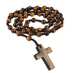 Nupuyai Tiger's Eye Crystal Stone Bead Cross Pendant Necklace for Men Women, Catholic Rosary Hand Knotted Necklace 62cm