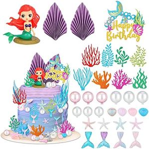 QUEEN KING 33pcs Mermaid Cake Topper, Under The Sea Little Resin 3D Mermaid Birthday Cake Toppers Bubble Starfish Shells Mermaid Tail Cupcake Kit or Girls, Baby Shower, Backdrop Decorations