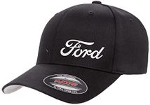 Ford Motor Co Script Logo New Side Panel Fully Embroidered Flexfit 6277 Athletic Baseball Fitted Hat Cap, Black, 6 3/4-7 1/8